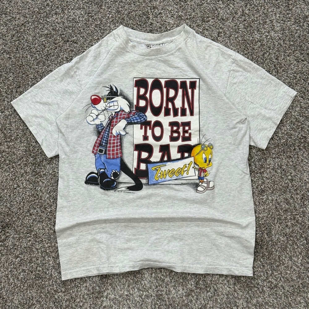 Vintage 1994 Looney Tunes Sylvester Tweety Born To Be Bad Gray T-Shirt Mens‎ L